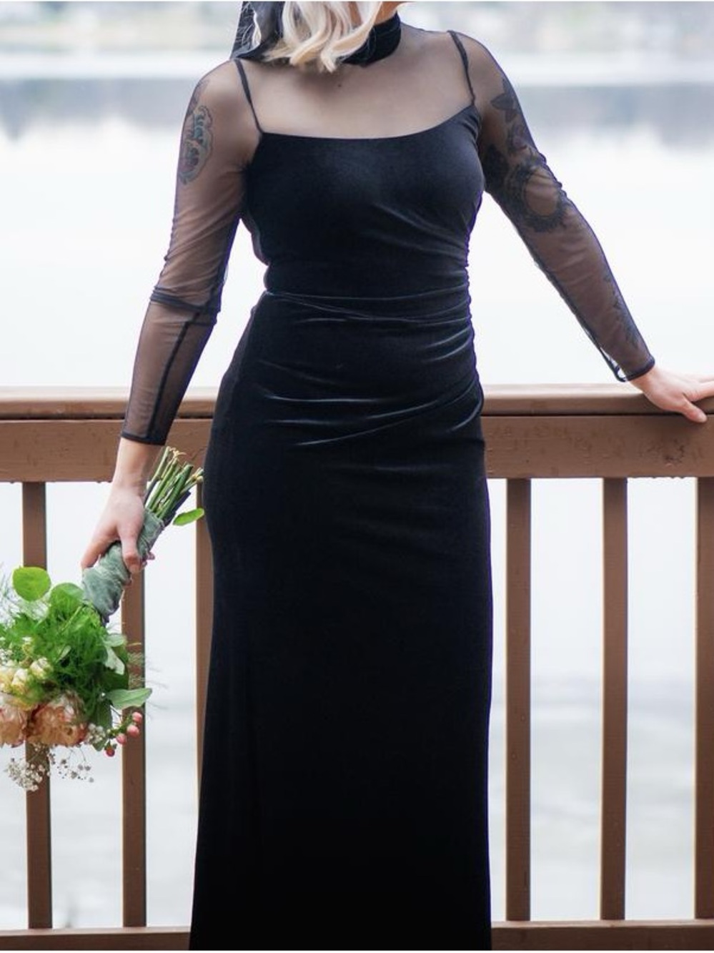 Eliza J Black Velvet Mesh Long Sleeve Gown Formal Dress Size 14